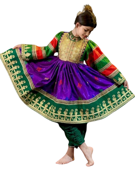 Colorful Afghani Kuchi dress for children, featuring traditional embroidery and a comfortable fit. Perfect for cultural events and celebrations.