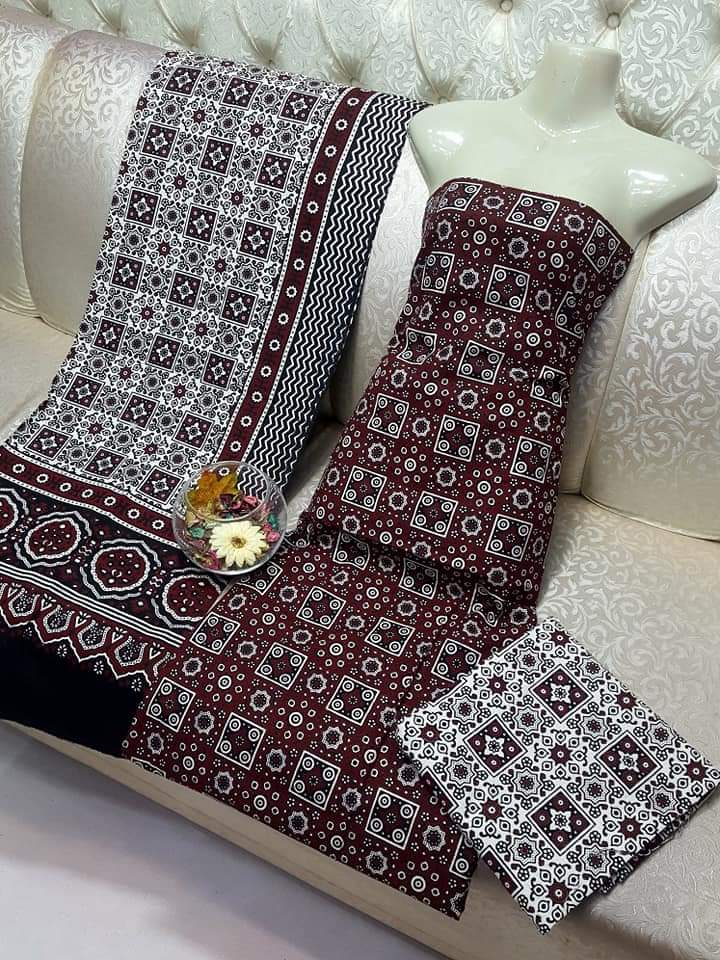 Handmade Ajrak Print Cotton 3-Piece Suit with Shirt, Trousers, and Dupatta by Mahra Collection