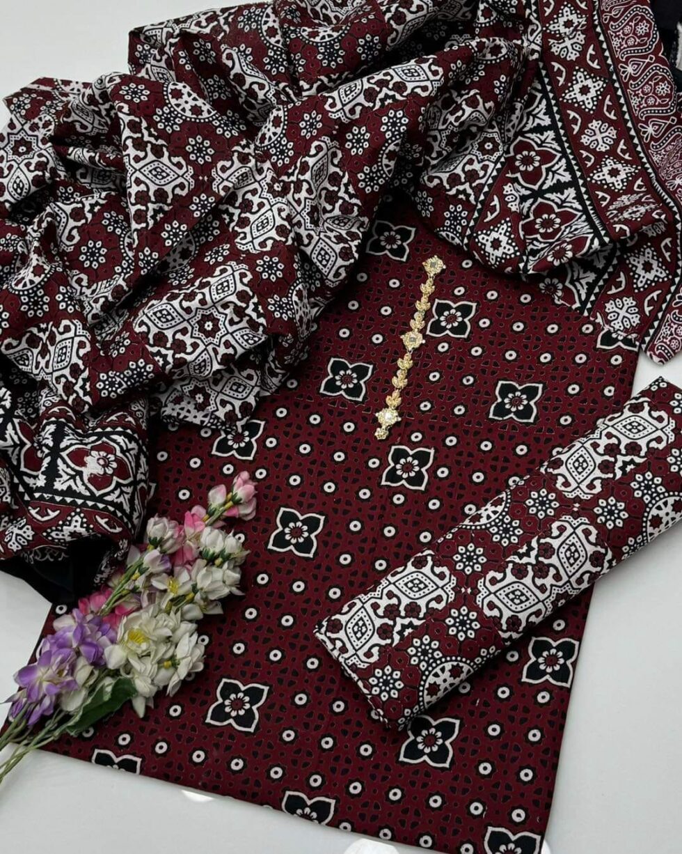 Handmade Ajrak Print Cotton 3-Piece Suit with Shirt, Trousers, and Dupatta by Mahra Collection