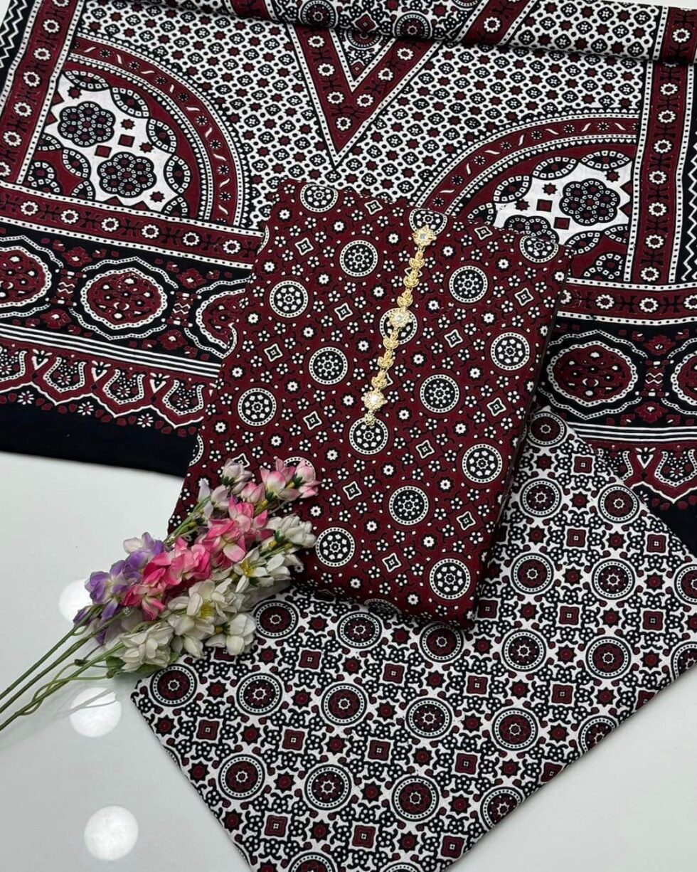 Handmade Ajrak Print Cotton 3-Piece Suit with Shirt, Trousers, and Dupatta by Mahra Collection