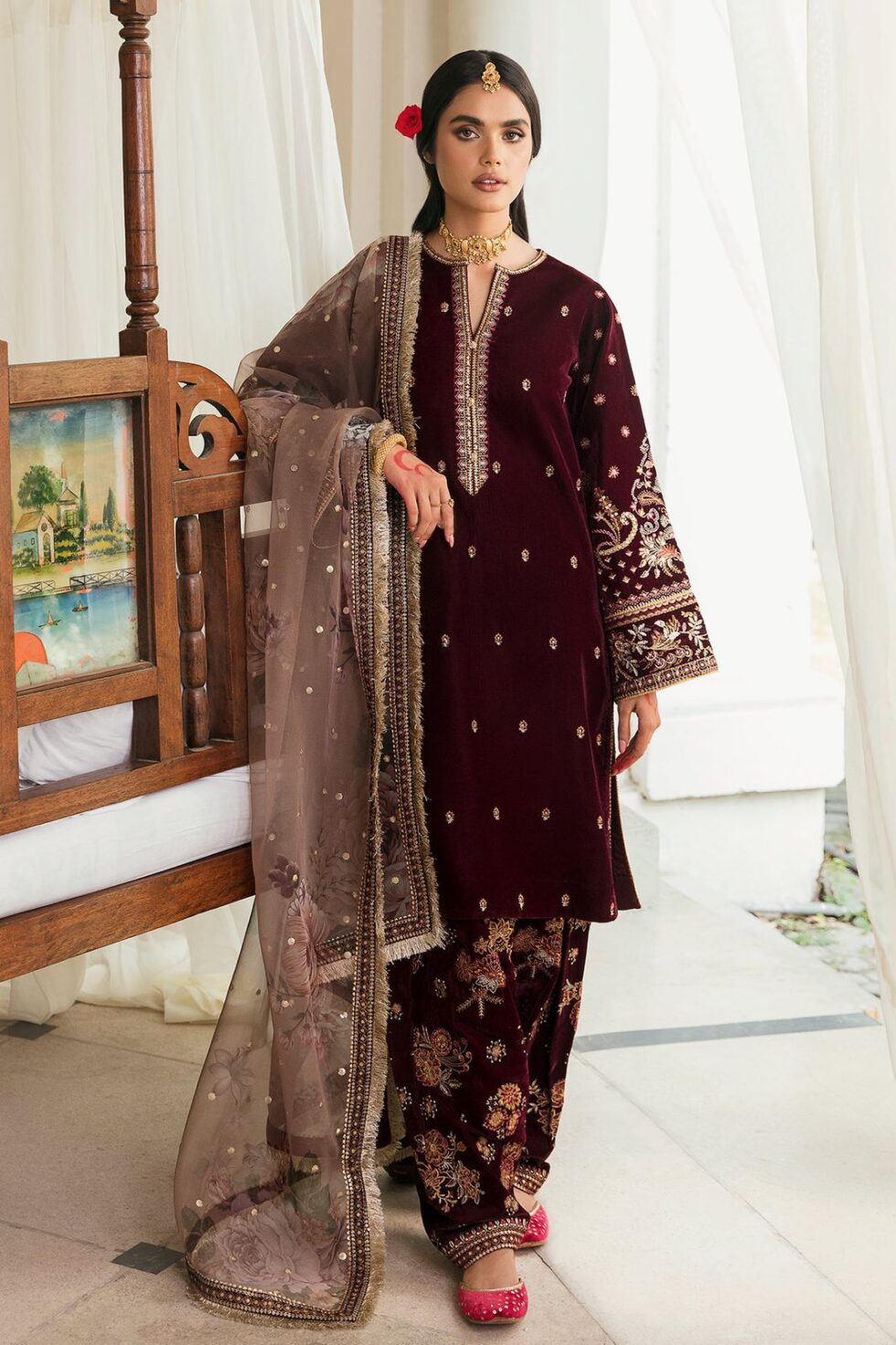 Baroque Unstitched Replica – Velvet Shirt, Silk Trouser, and Organza Dupatta by Mahra Collection