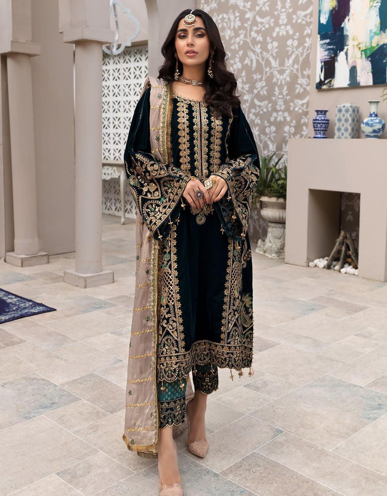 Emaan Adeel Velvet Dress with Mysori Embroidered Dupatta and Jamawa Trouser by Mahra Collection